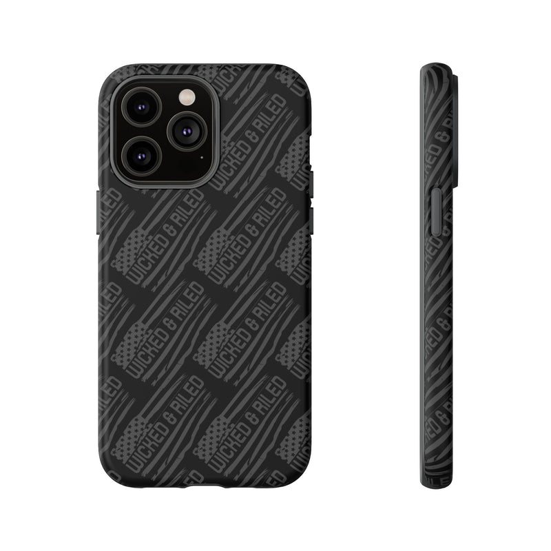 Rugged black protective phone case from Printify with a tough cases text pattern, showcasing durable design and texture.