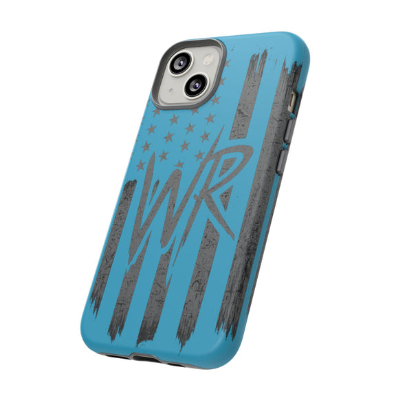 Patriotic blue phone case featuring 'WR' flag design by Printify, showcasing durable protection and vibrant colors.