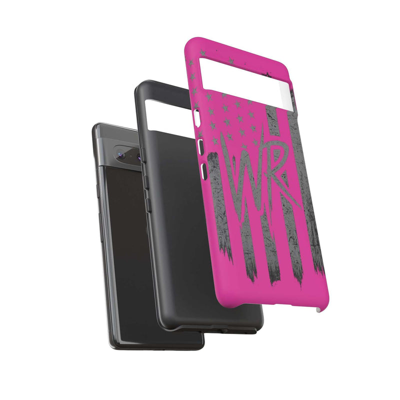 Pink 'WR' flag tough phone case by Printify, featuring durable design and vibrant colors for protection and style.