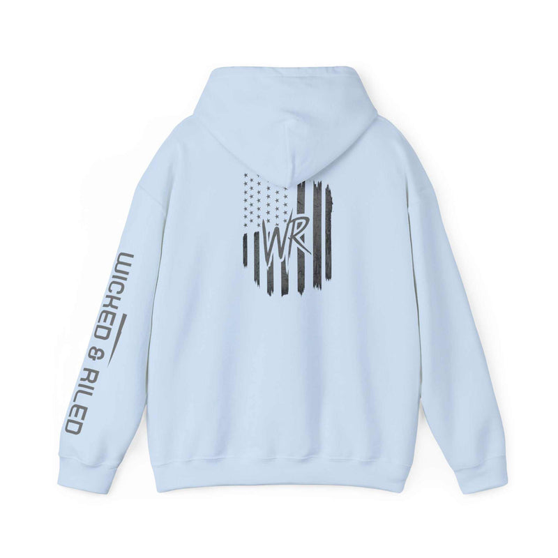 Wicked & Riled distressed American logo hoodie pullover by Printify, featuring a cozy design and front pocket.