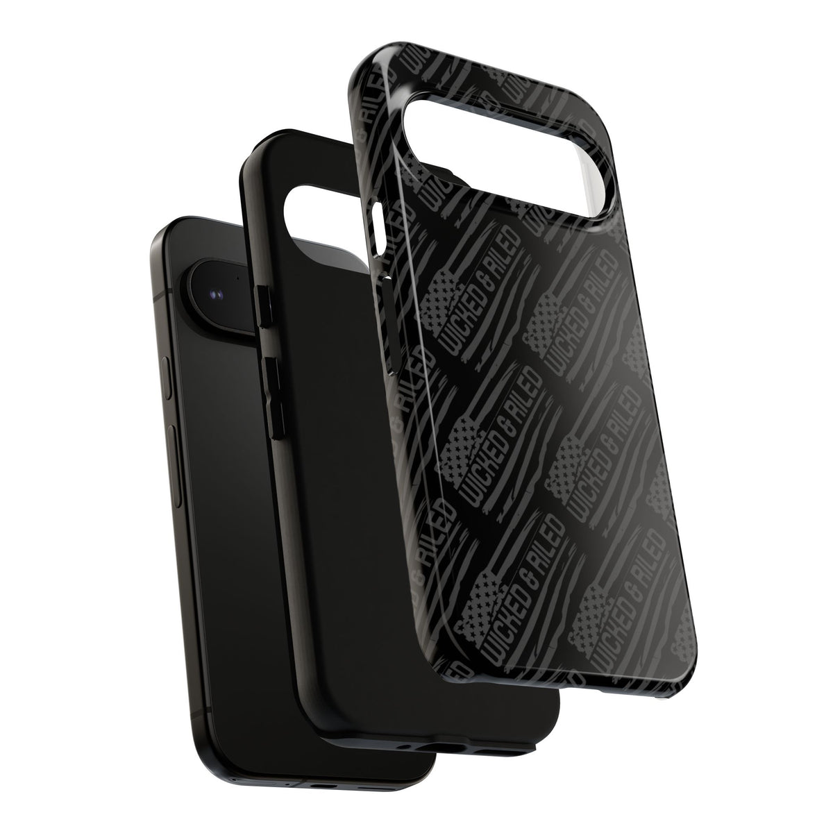 Rugged black protective phone case by Printify with a textured "TOUGH CASES" pattern for enhanced grip and durability.