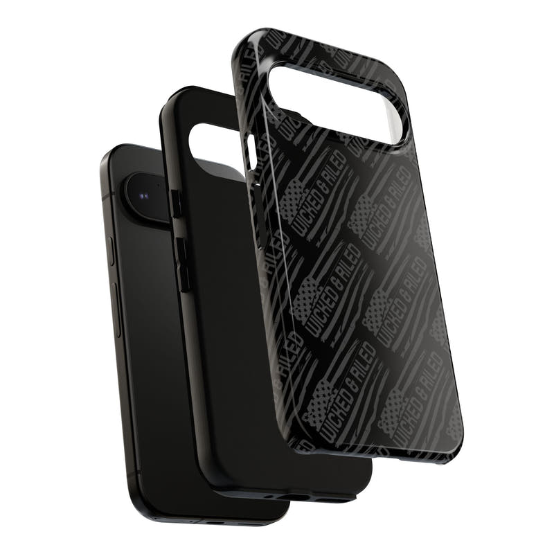 Rugged black protective phone case by Printify with a textured "TOUGH CASES" pattern for enhanced grip and durability.