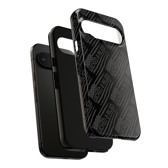 Rugged black protective phone case by Printify with a textured "TOUGH CASES" pattern for enhanced grip and durability.