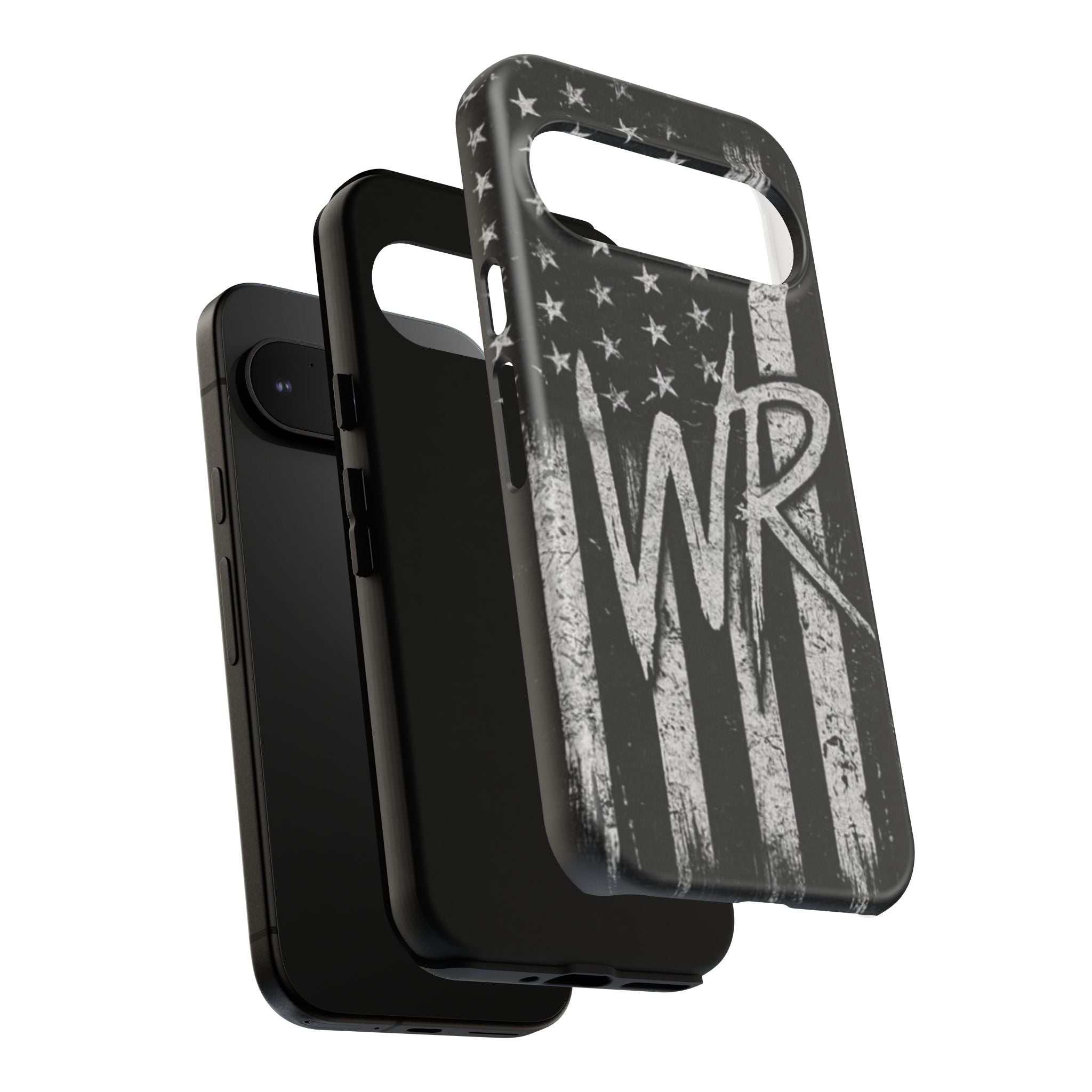 Patriotic monogram tough phone case featuring a distressed American flag design with initials WR by Printify.
