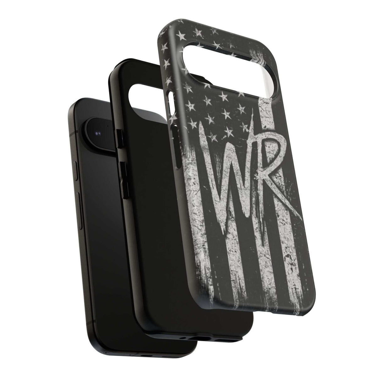 Patriotic monogram tough phone case featuring a distressed American flag design with initials WR by Printify.