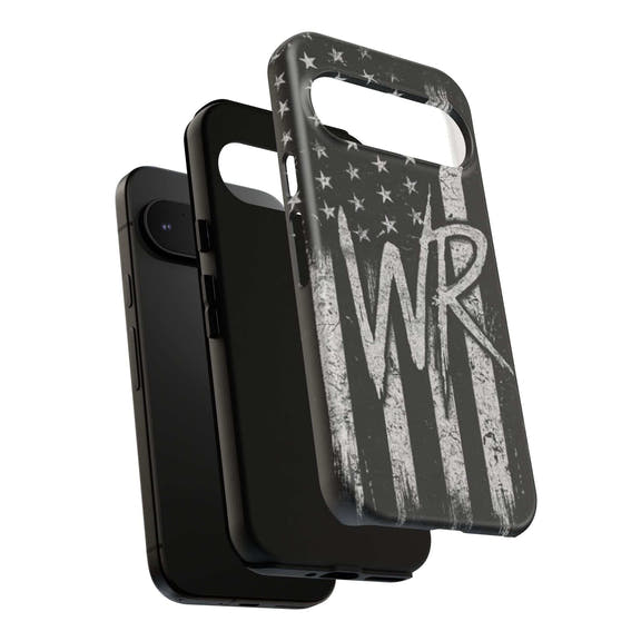 Patriotic monogram tough phone case featuring a distressed American flag design with initials WR by Printify.