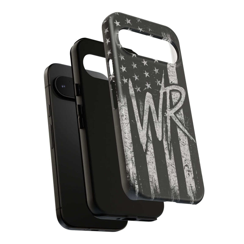 Patriotic monogram tough phone case featuring a distressed American flag design with initials WR by Printify.