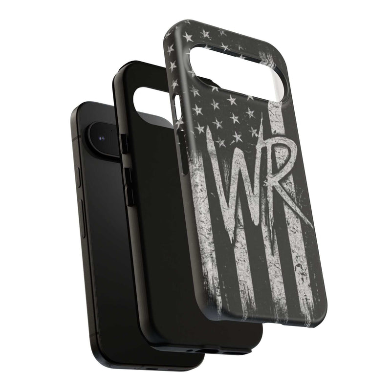 Patriotic monogram tough phone case featuring a distressed American flag design with initials WR by Printify.