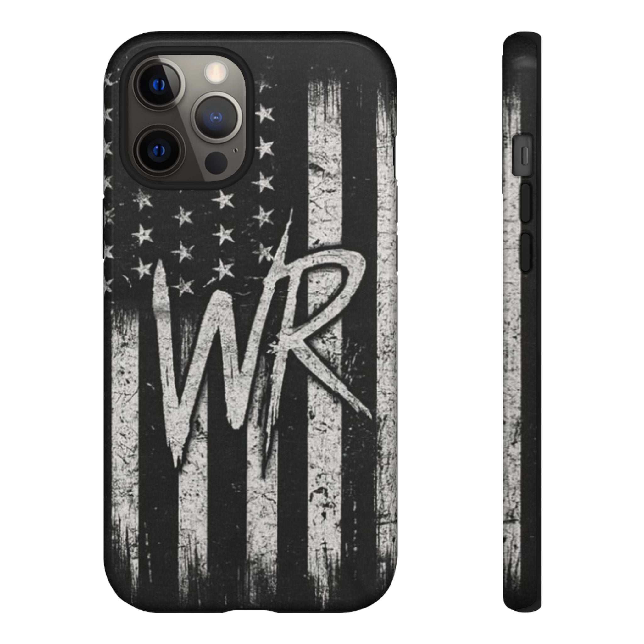 Patriotic monogram tough phone case featuring a distressed American flag design with the initials WR by Printify.