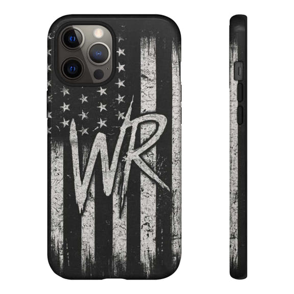 Patriotic monogram tough phone case featuring a distressed American flag design with the initials WR by Printify.