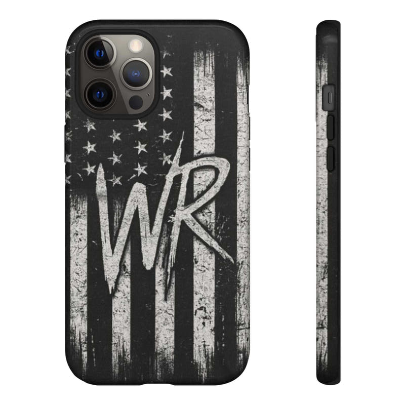 Patriotic monogram tough phone case featuring a distressed American flag design with the initials WR by Printify.