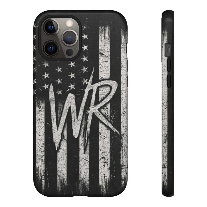 Patriotic monogram tough phone case featuring a distressed American flag design with the initials WR by Printify.