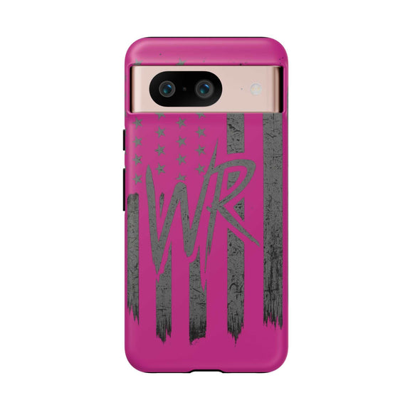 Pink 'WR' Flag Tough Phone Case by Printify, showcasing a durable design with vibrant flag graphics on a protective cover.