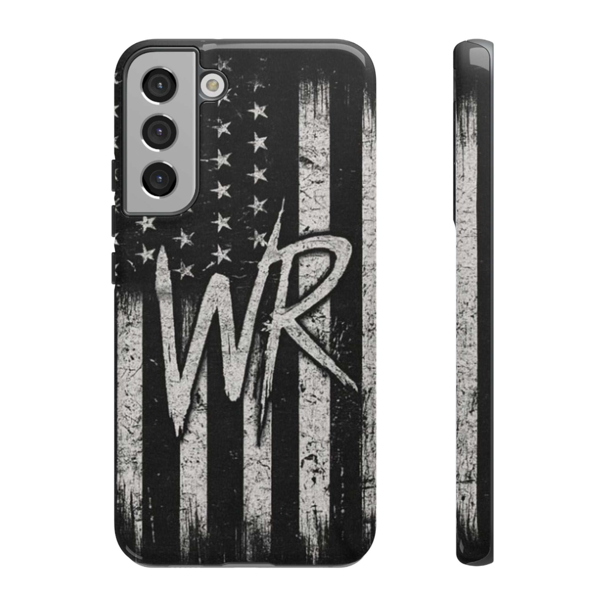 Distressed American flag phone case featuring a WR monogram, designed by Printify for tough protection.