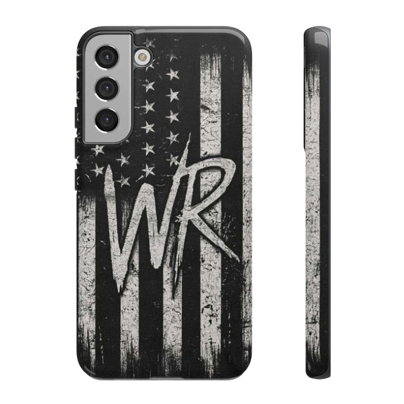 Distressed American flag phone case featuring a WR monogram, designed by Printify for tough protection.