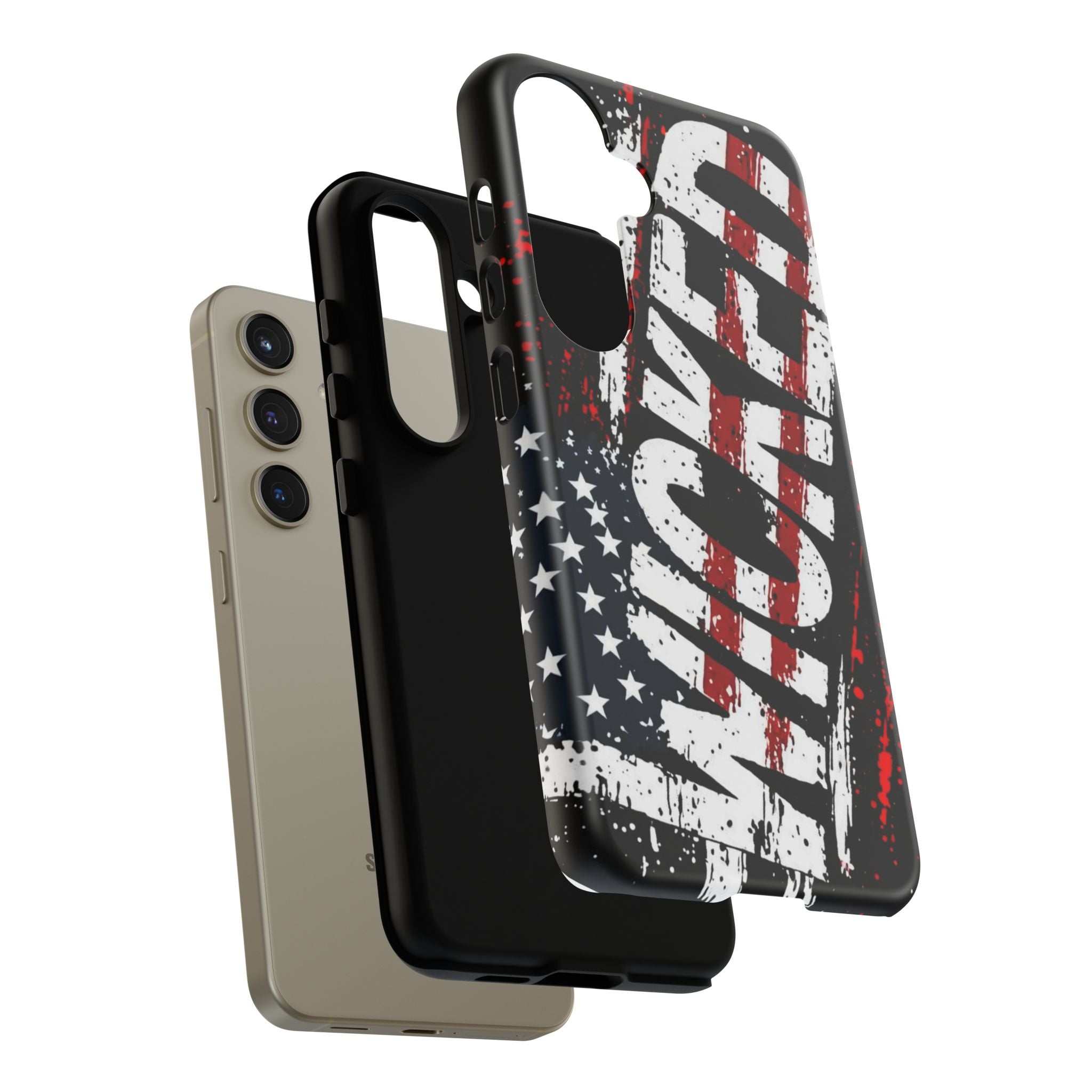 Distressed American flag phone case with "VETERAN" graphic by Printify, offering rugged patriotic protection.
