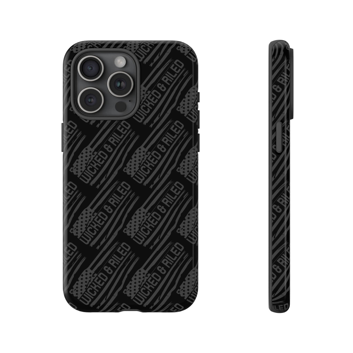 Rugged black protective phone case with "TOUGH CASES" text pattern by Printify, designed for durability and style.