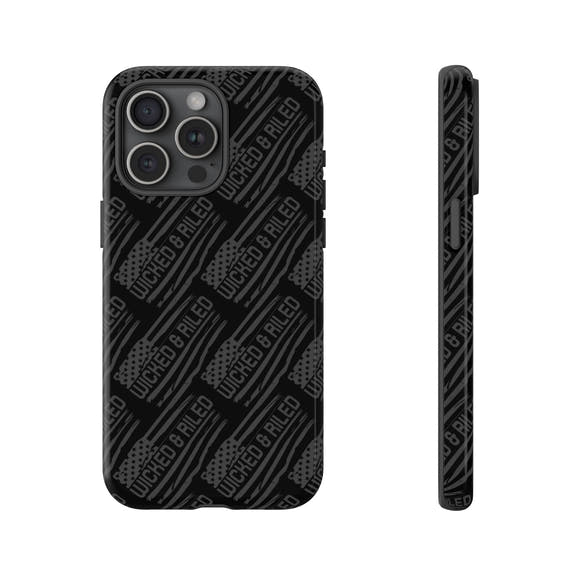 Rugged black protective phone case with "TOUGH CASES" text pattern by Printify, designed for durability and style.
