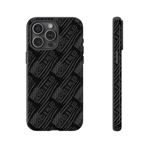 Rugged black protective phone case with "TOUGH CASES" text pattern by Printify, designed for durability and style.