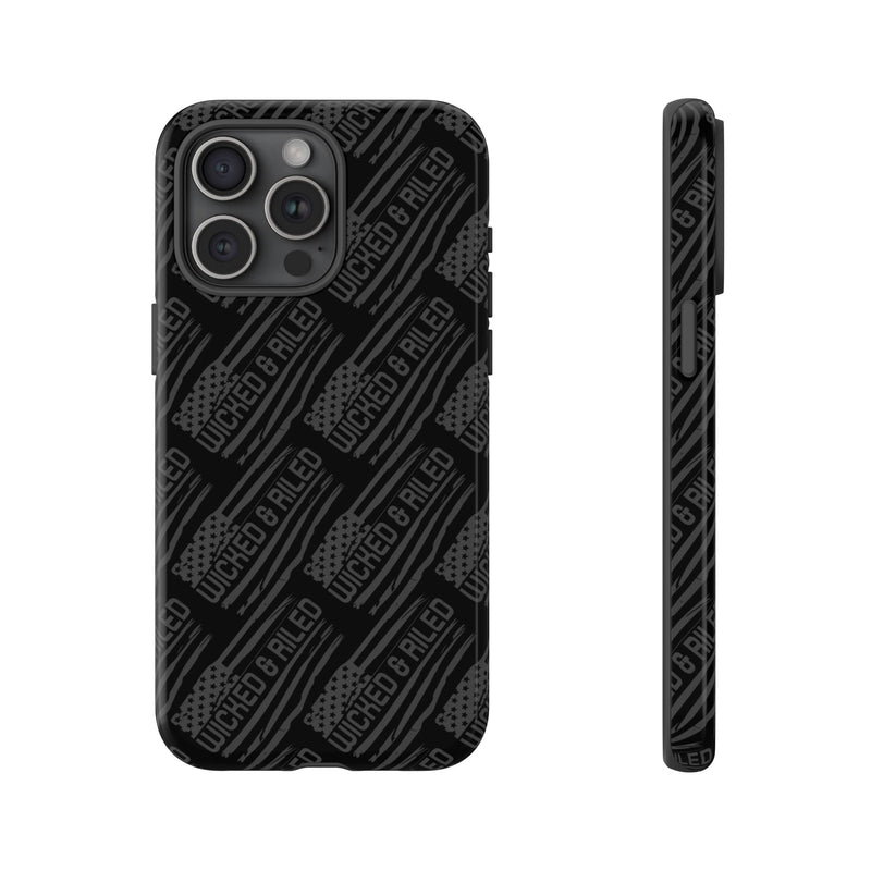 Rugged black protective phone case with "TOUGH CASES" text pattern by Printify, designed for durability and style.