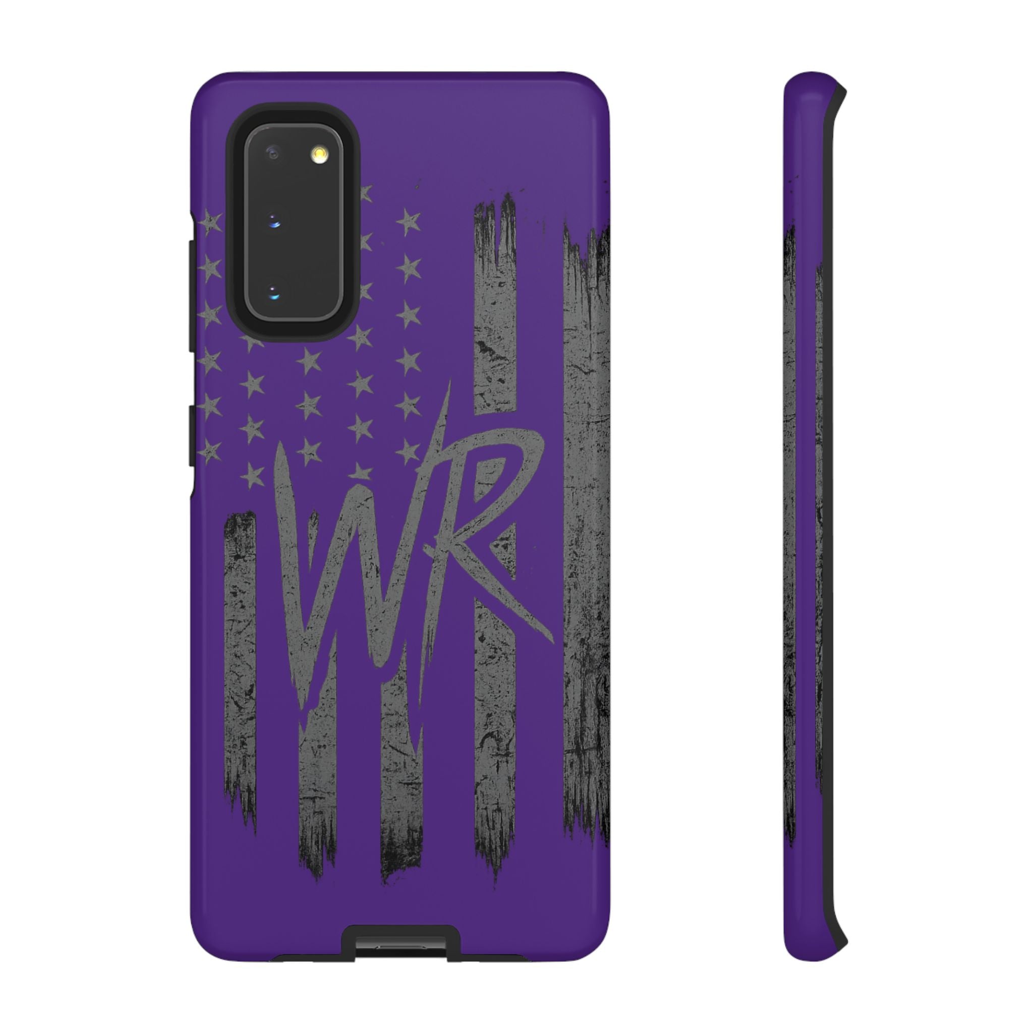 Purple 'WR' flag tough phone case by Printify, showcasing durable design and vibrant colors for protection.