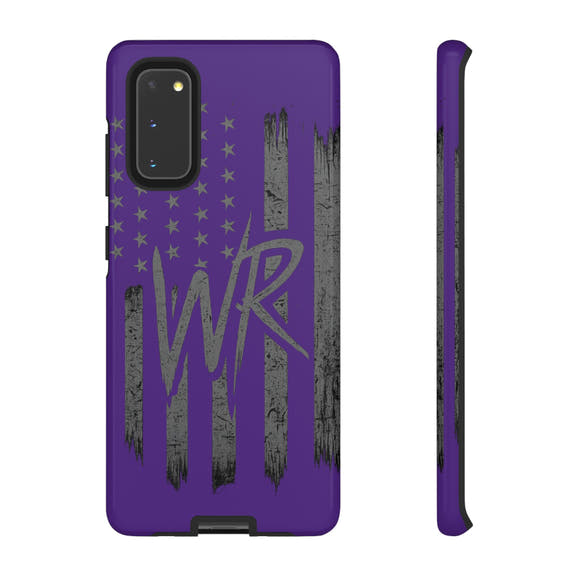 Purple 'WR' flag tough phone case by Printify, showcasing durable design and vibrant colors for protection.