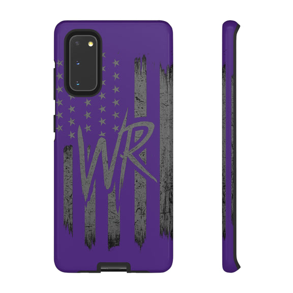Purple 'WR' flag tough phone case by Printify, showcasing durable design and vibrant colors for protection.