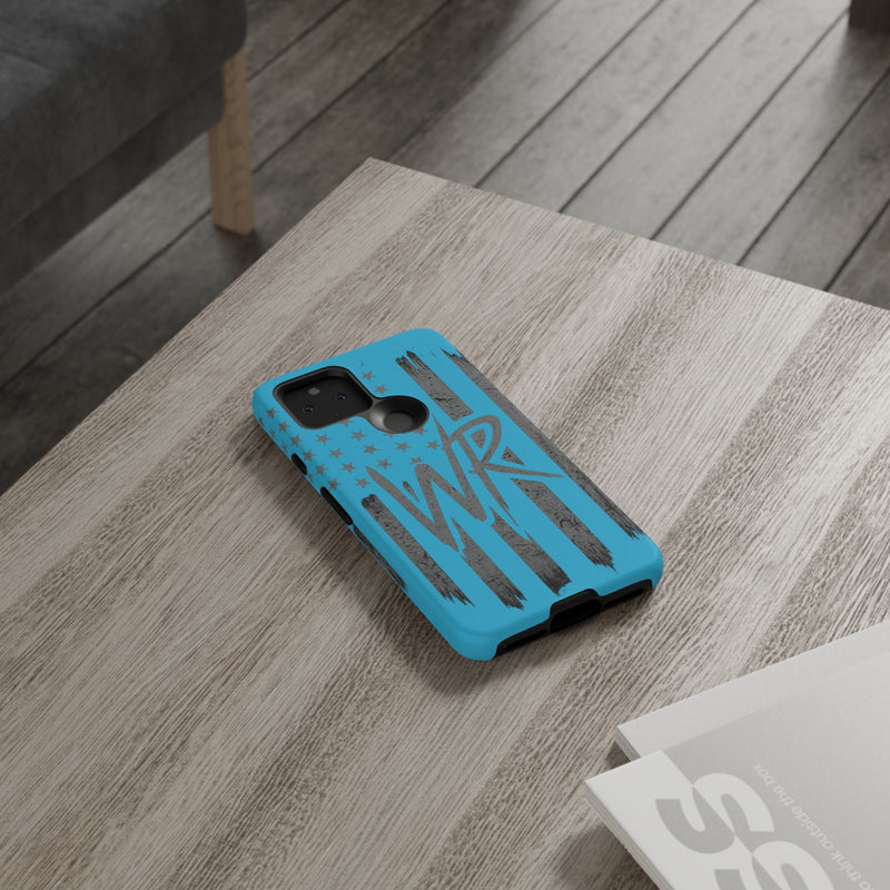 Patriotic blue 'WR' flag tough phone case by Printify, showcasing durable design and vibrant flag pattern.