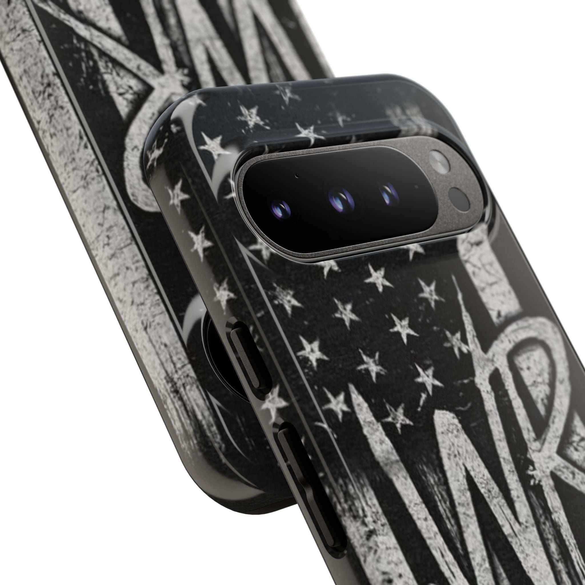 Patriotic monogram phone case featuring a distressed American flag design and the initials WR by Printify.