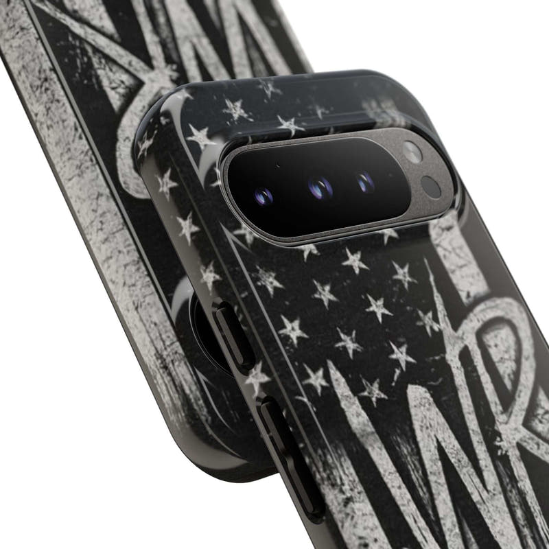 Patriotic monogram phone case featuring a distressed American flag design and the initials WR by Printify.