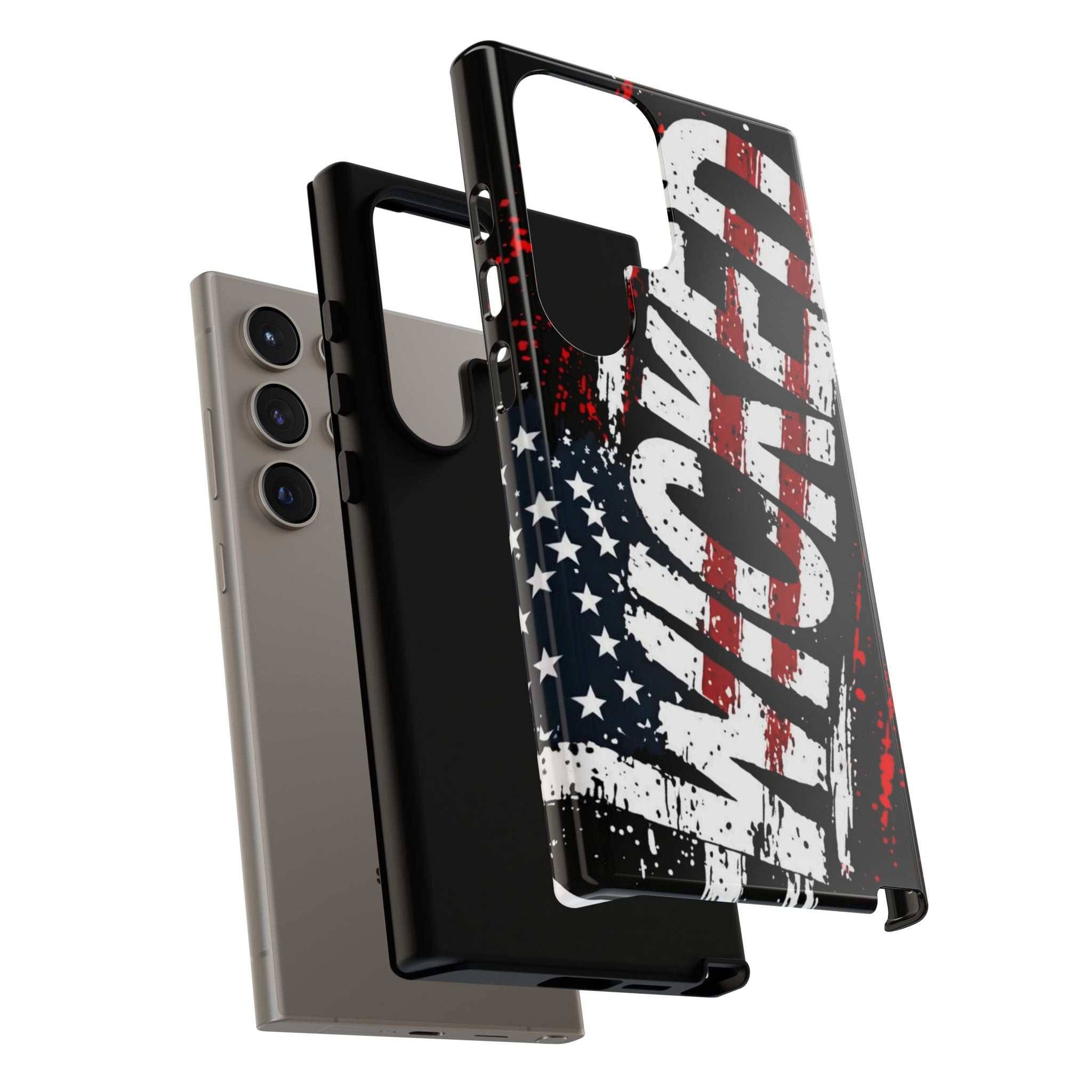 Distressed American flag phone case with "VETERAN" graphic by Printify, showcasing rugged patriotic protection design.