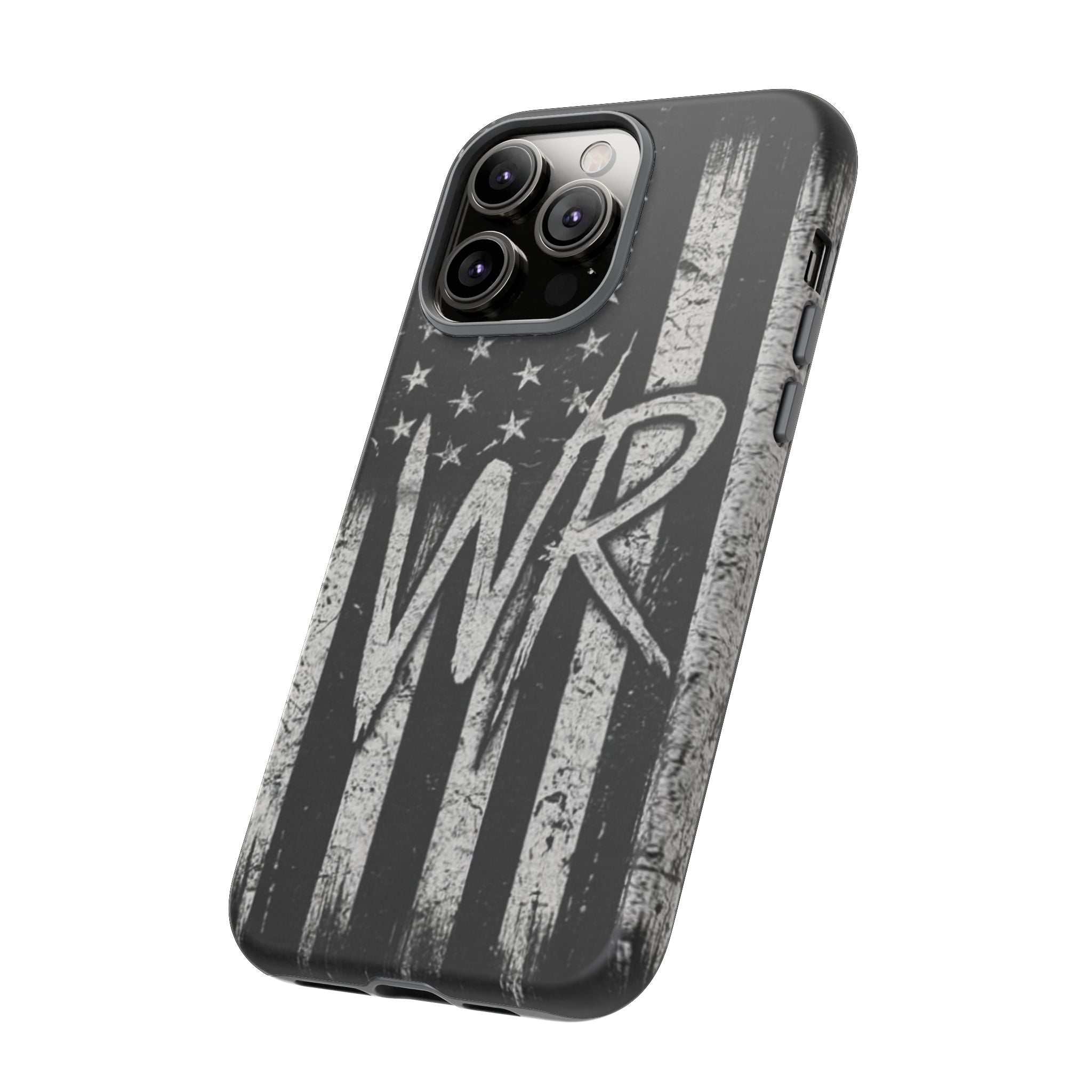 Distressed American flag phone case with patriotic monogram "WR" by Printify, designed for tough protection.
