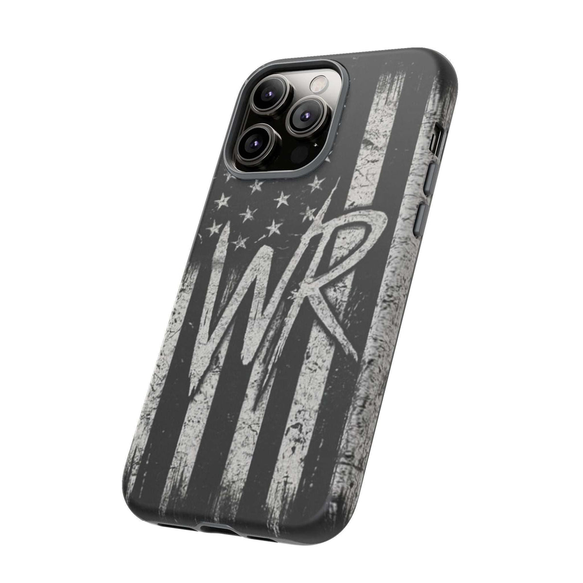 Distressed American flag phone case with patriotic monogram "WR" by Printify, designed for tough protection.