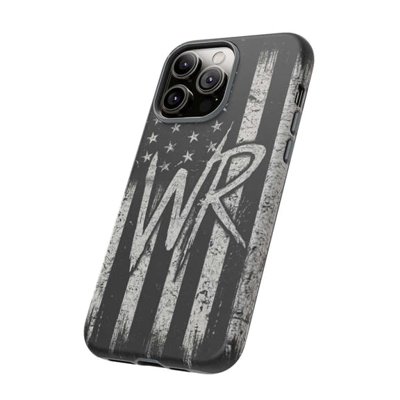Distressed American flag phone case with patriotic monogram "WR" by Printify, designed for tough protection.