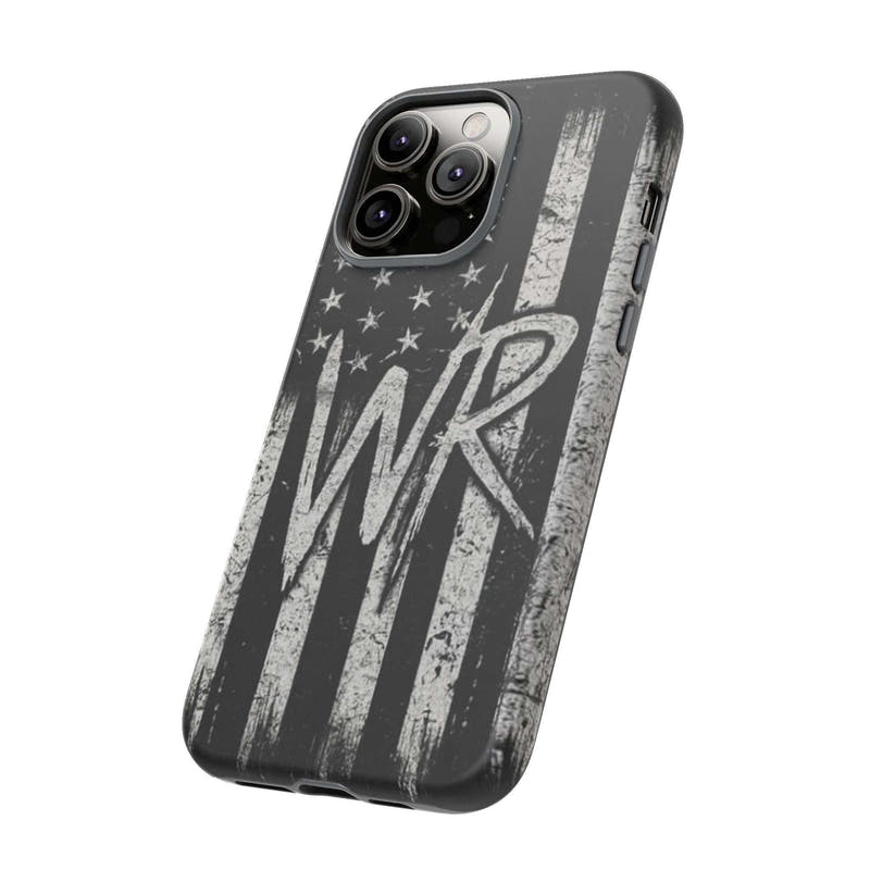 Distressed American flag phone case with patriotic monogram "WR" by Printify, designed for tough protection.