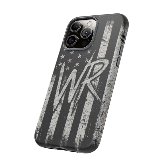 Distressed American flag phone case with patriotic monogram "WR" by Printify, designed for tough protection.