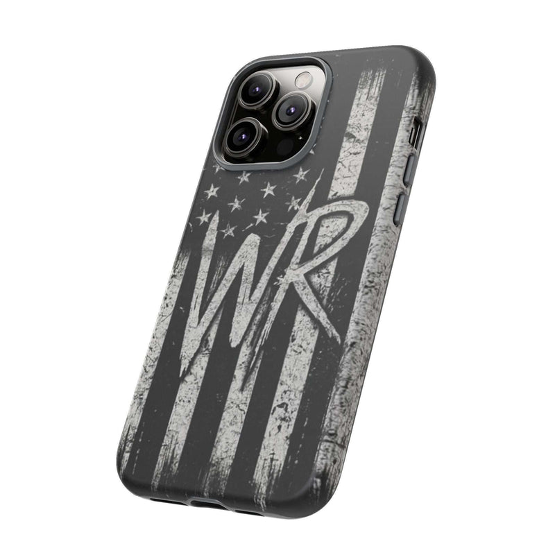 Distressed American flag phone case with patriotic monogram "WR" by Printify, designed for tough protection.
