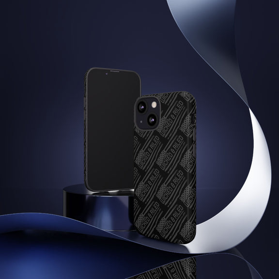 Rugged black protective phone case with a textured 'TOUGH CASES' pattern by Printify, showcasing durability and style.