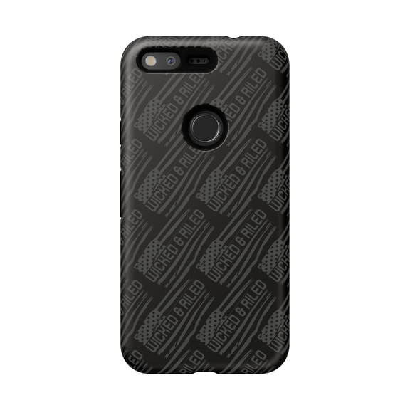 Rugged black protective phone case with "TOUGH CASES" text pattern by Printify, showcasing its durable design and texture.