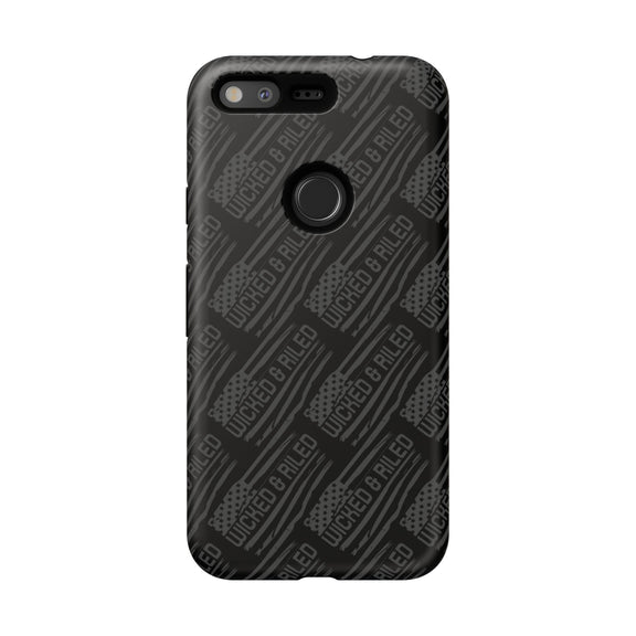 Rugged black protective phone case with "TOUGH CASES" text pattern by Printify, showcasing its durable design and texture.