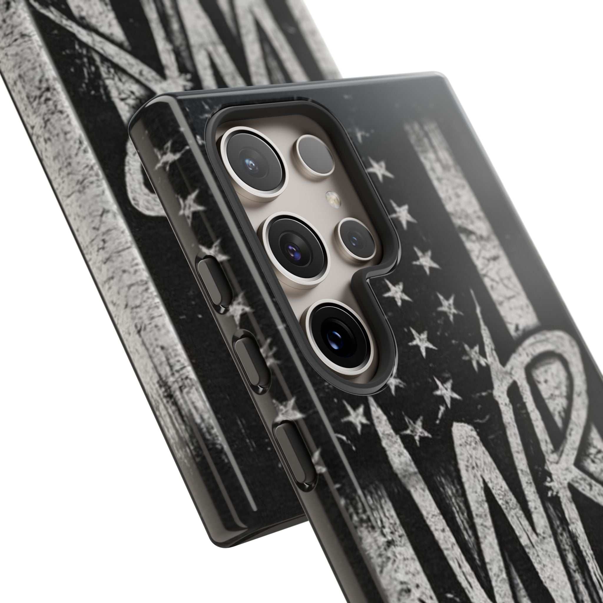 Patriotic monogram tough phone case featuring a distressed American flag design with the initials WR.