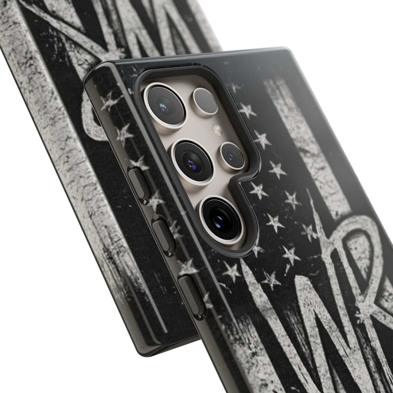 Patriotic monogram tough phone case featuring a distressed American flag design with the initials WR.