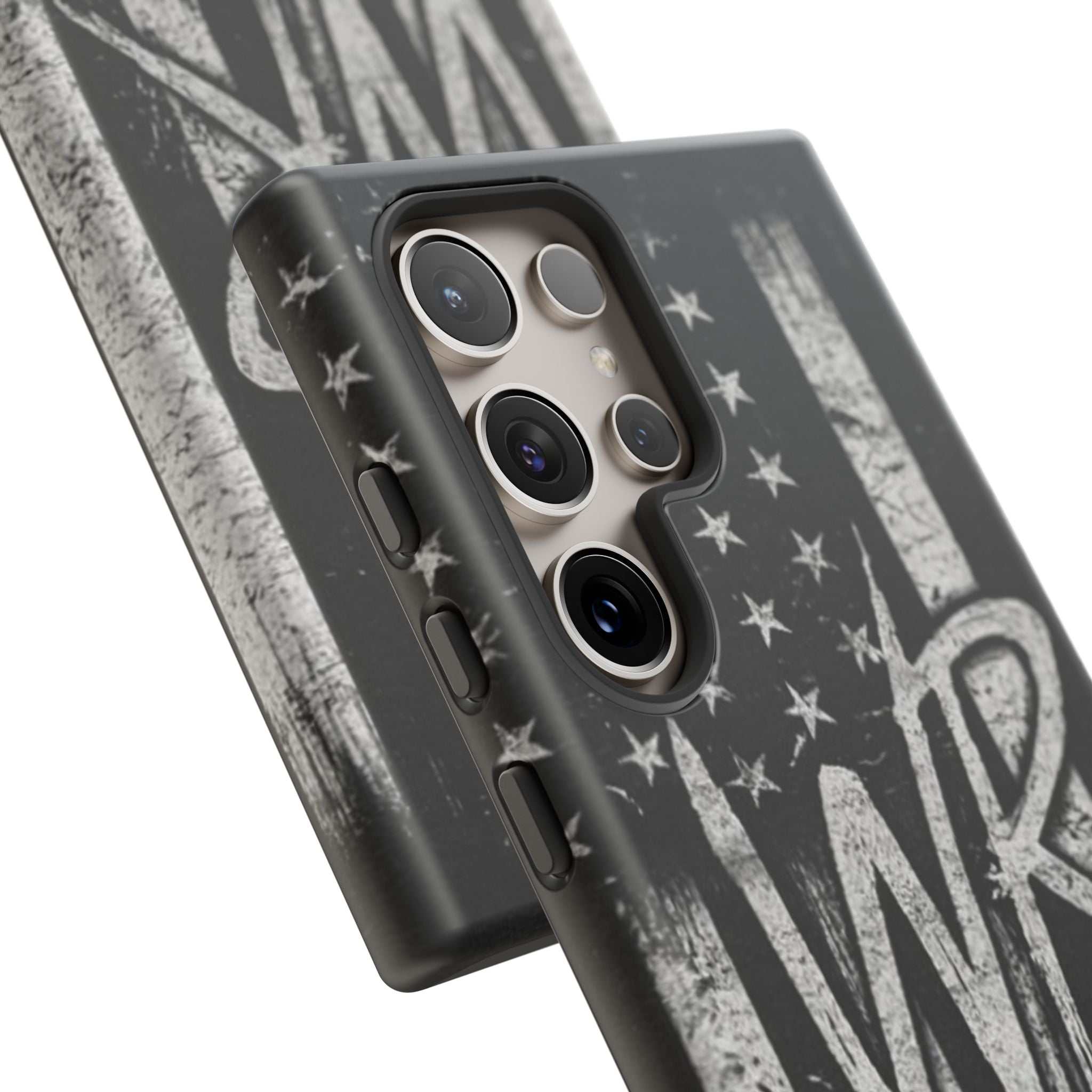 Distressed American flag design on a Patriotic Monogram Tough Phone Case featuring initials WR by Printify.
