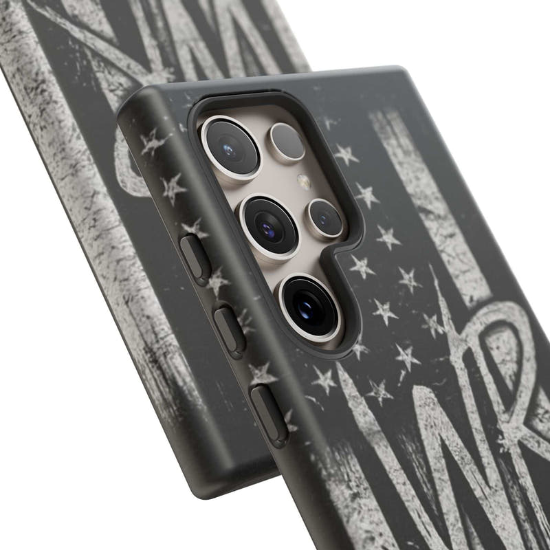 Distressed American flag design on a Patriotic Monogram Tough Phone Case featuring initials WR by Printify.