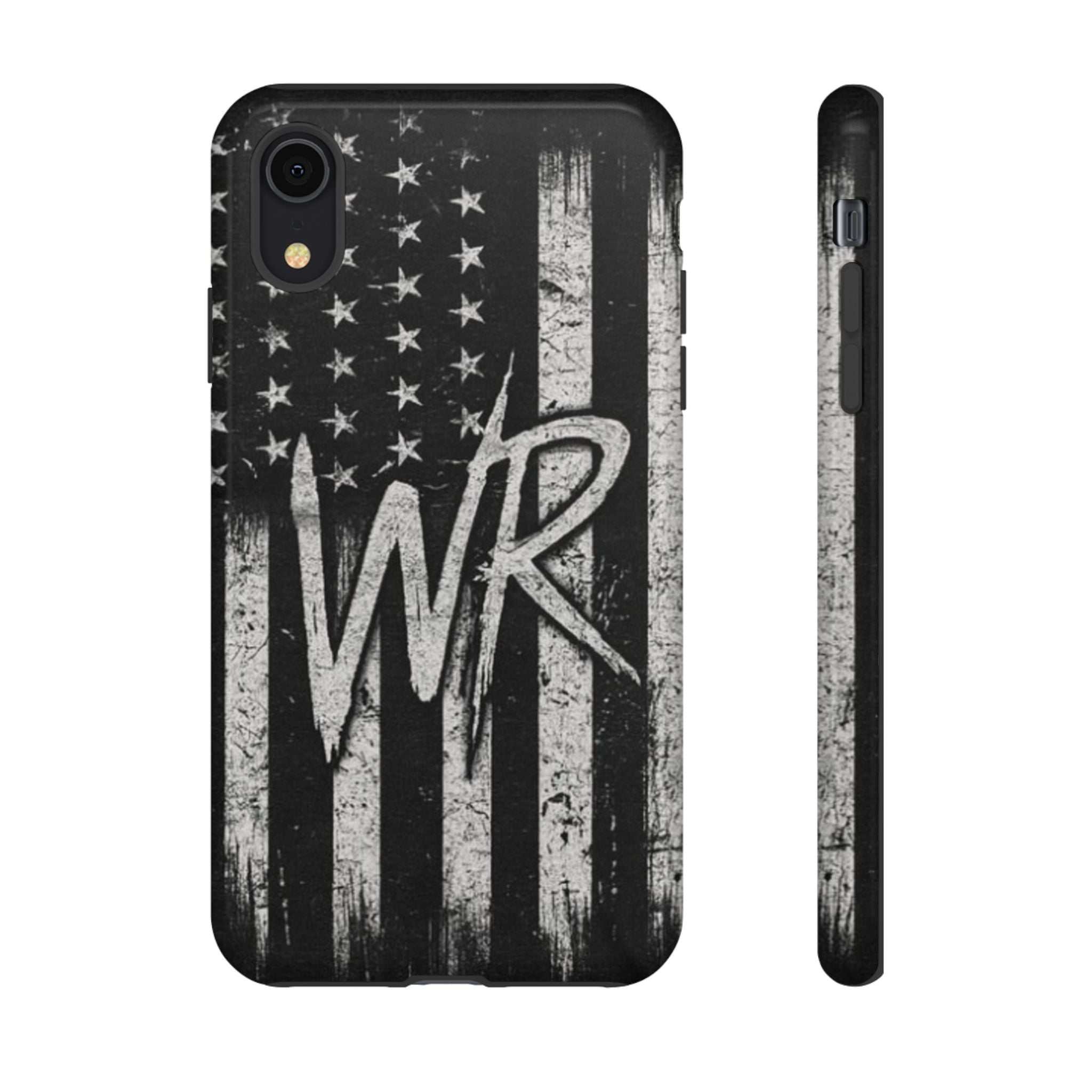 Patriotic phone case featuring a distressed American flag design and monogram "WR" by Printify.