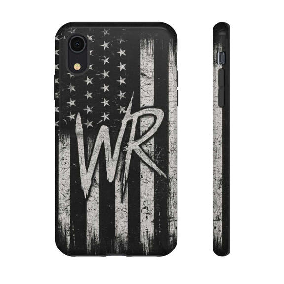 Patriotic phone case featuring a distressed American flag design and monogram "WR" by Printify.