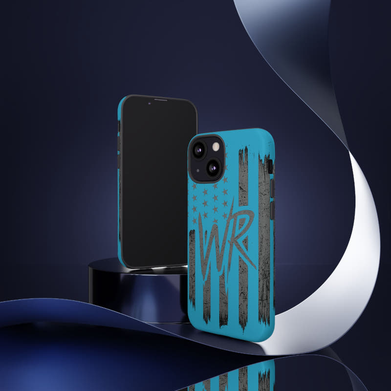 Patriotic blue 'WR' flag tough phone case by Printify, showcasing a durable design with vibrant colors and flag graphics.