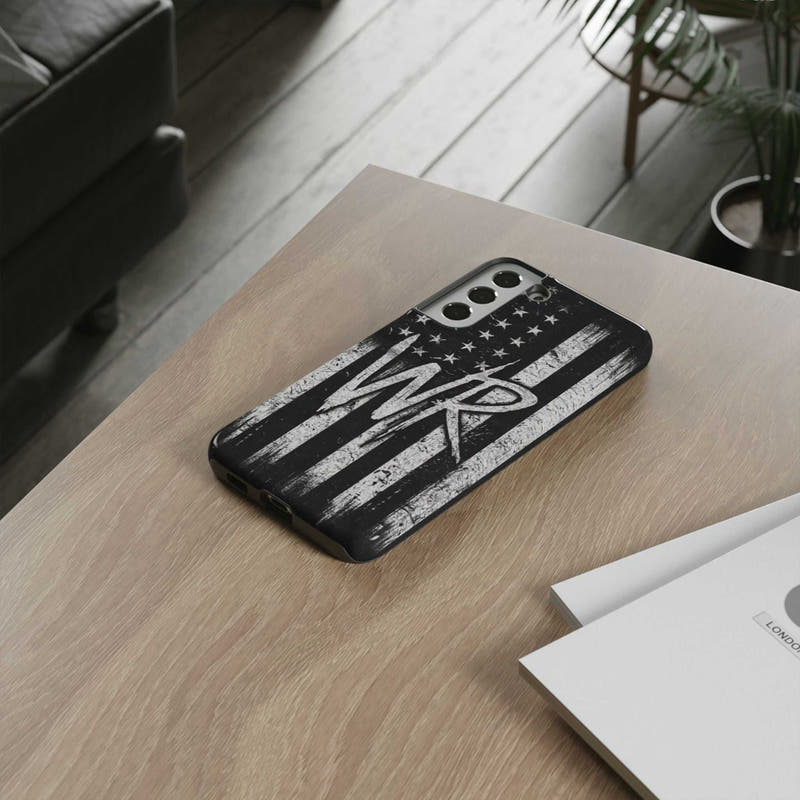 Distressed American flag design on a Patriotic Monogram Tough Phone Case featuring the initials WR by Printify.