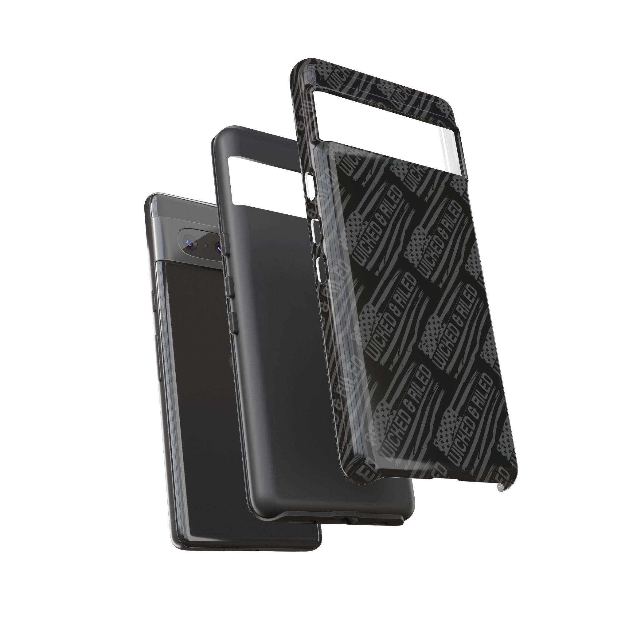 Rugged black protective phone case by Printify with a textured TOUGH CASES pattern.