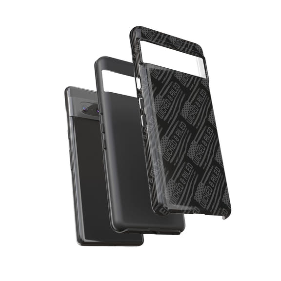 Rugged black protective phone case by Printify with a textured TOUGH CASES pattern.